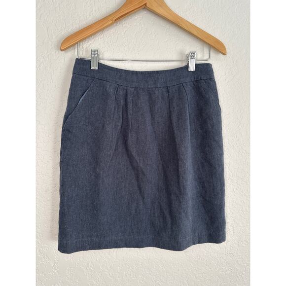 Tabitha Anthropologie Blue Linen Skirt Size 6 Academia Mini School Twee Pockets - Picture 1 of 6